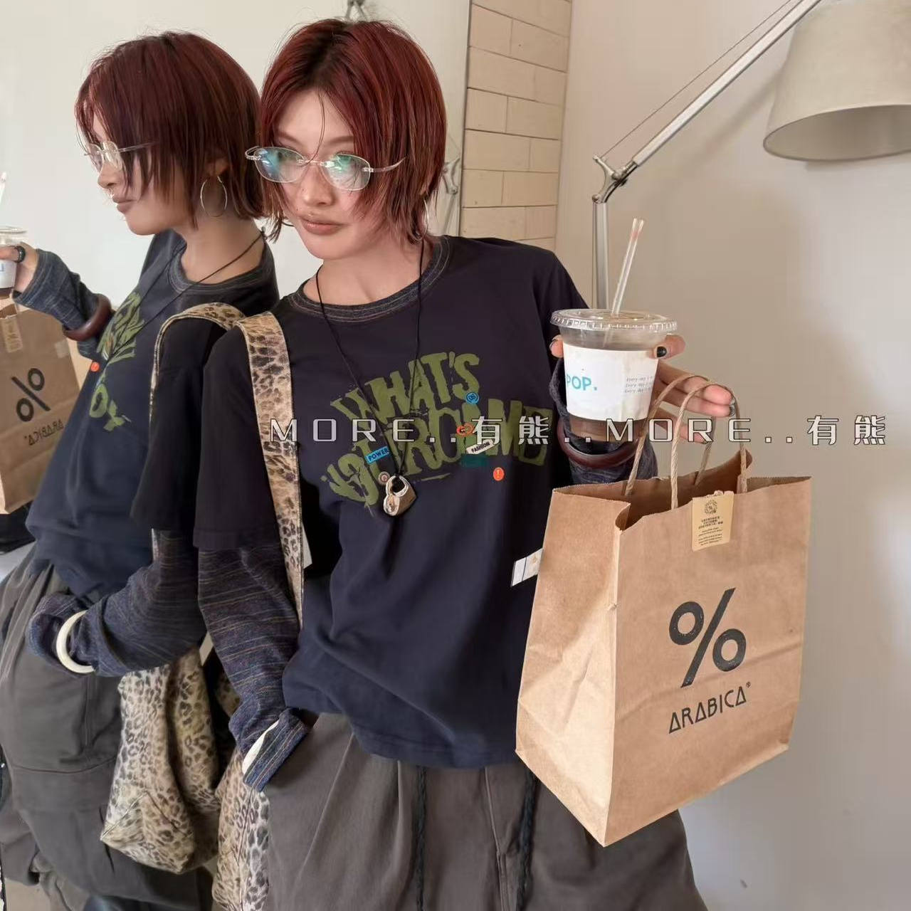 2025冬季新款MORE有熊印花字母假两件磨毛宽松撞色条纹T恤打底衫