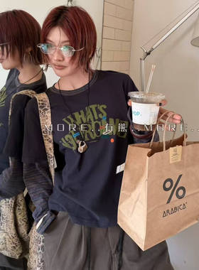 2025冬季新款MORE有熊印花字母假两件磨毛宽松撞色条纹T恤打底衫