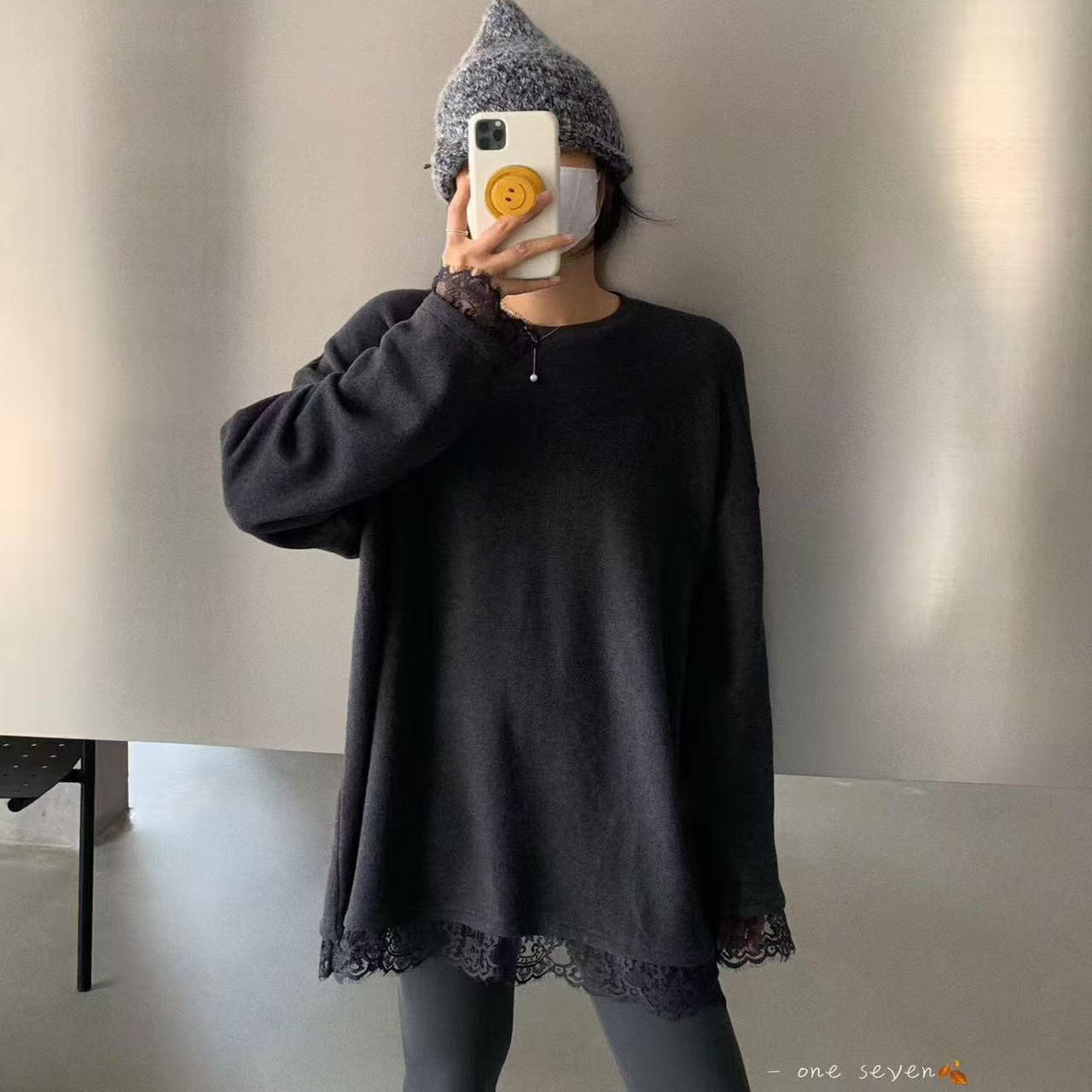 2025冬季新款ONESEVEN休闲百搭磨毛蕾丝花边宽松T恤打底上衣中长