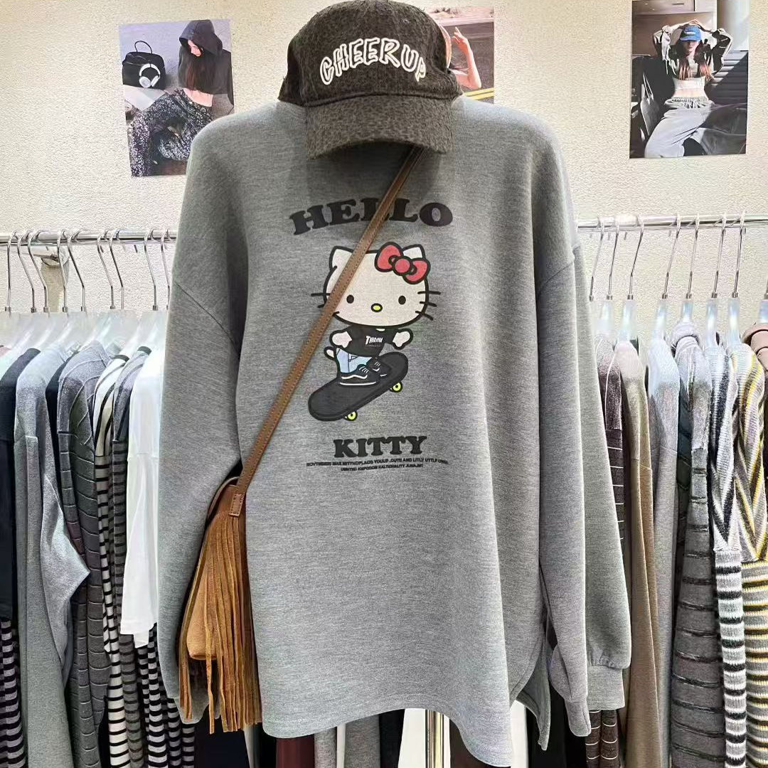 2025冬季新款Eleven休闲百搭卡通KT猫咪双面德绒宽松T恤打底上衣