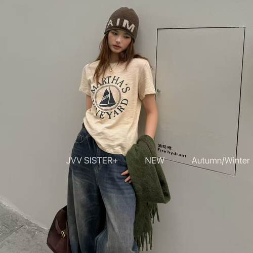 2026春季新款JVV SISTER百搭休闲印花字母复古短袖T恤打底上衣女