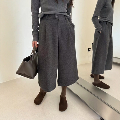 3R3十三行冬季韩版百搭毛呢高腰阔腿裤九分裤显瘦女裤口袋西装裤