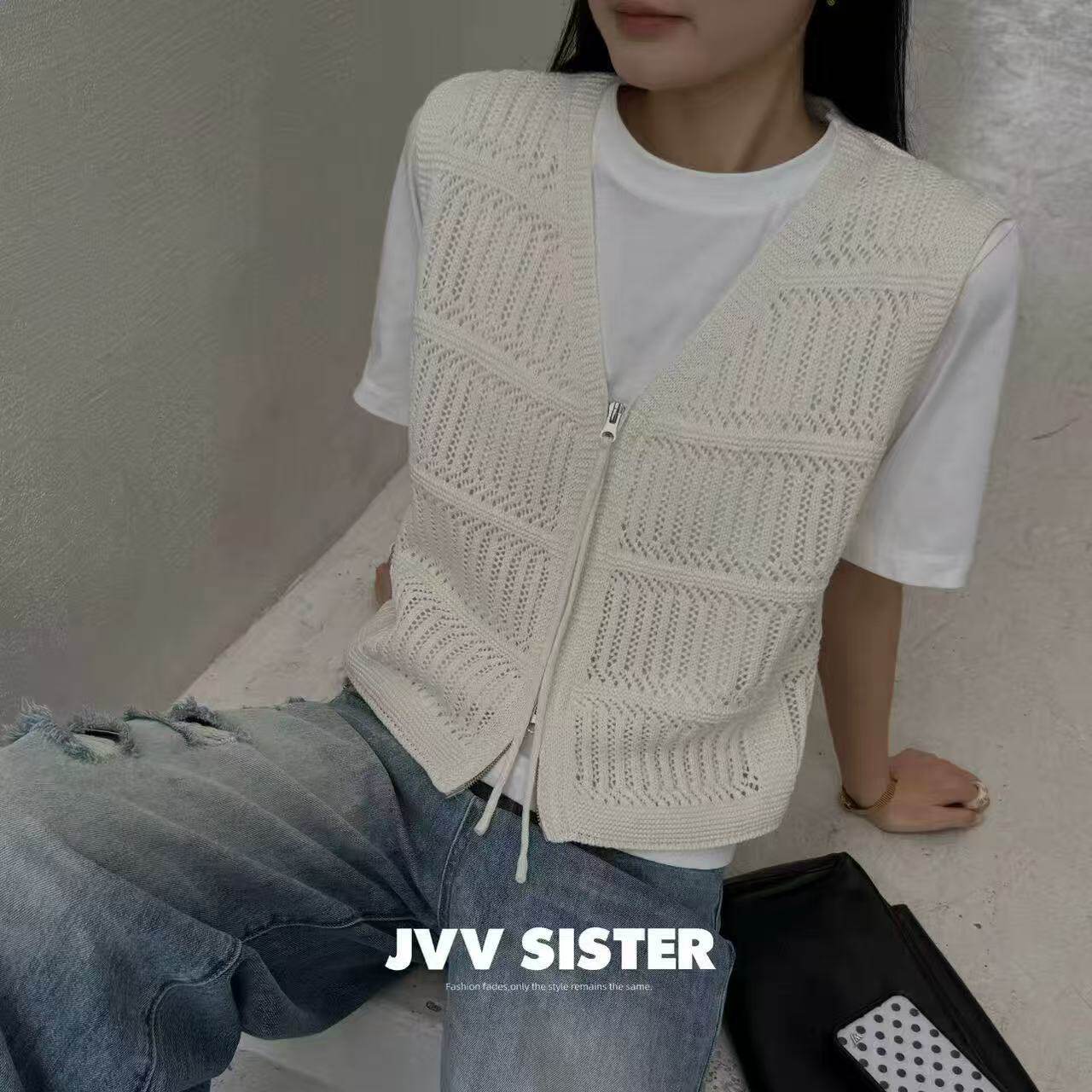 2026春夏新款JVV SISTER休闲百搭纯色针织拉链马甲短袖T恤两件套