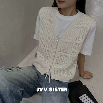 2026春夏新款JVV SISTER休闲百搭纯色针织拉链马甲短袖T恤两件套