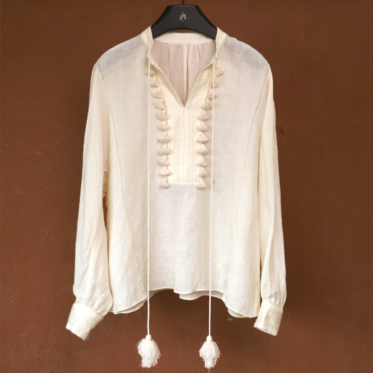 IMMUNO壹糯 白流苏重工亚麻刺绣炸蚕丝V领系带宽松慵懒风长袖衬衫