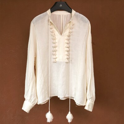 IMMUNO壹糯 白流苏重工亚麻刺绣炸蚕丝V领系带宽松慵懒风长袖衬衫