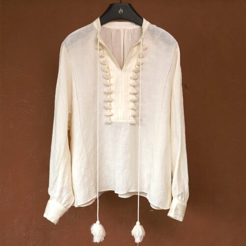 IMMUNO壹糯 白流苏重工亚麻刺绣炸蚕丝V领系带宽松慵懒风长袖衬衫