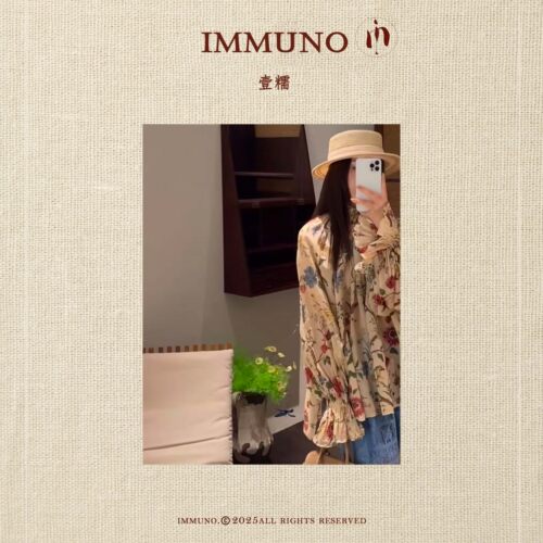 IMMUNO壹糯 法式花鸟数纯苎麻风琴领压褶长袖衬衫