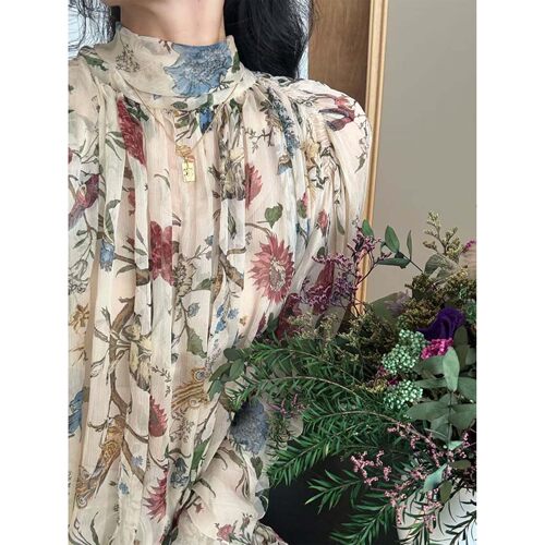 壹糯糯真丝花鸟树蝙蝠袖上衣