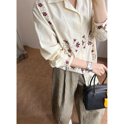 IMMUNO壹糯 复古小众设计感撞色刺绣翻领宽松百搭上衣纯棉衬衫