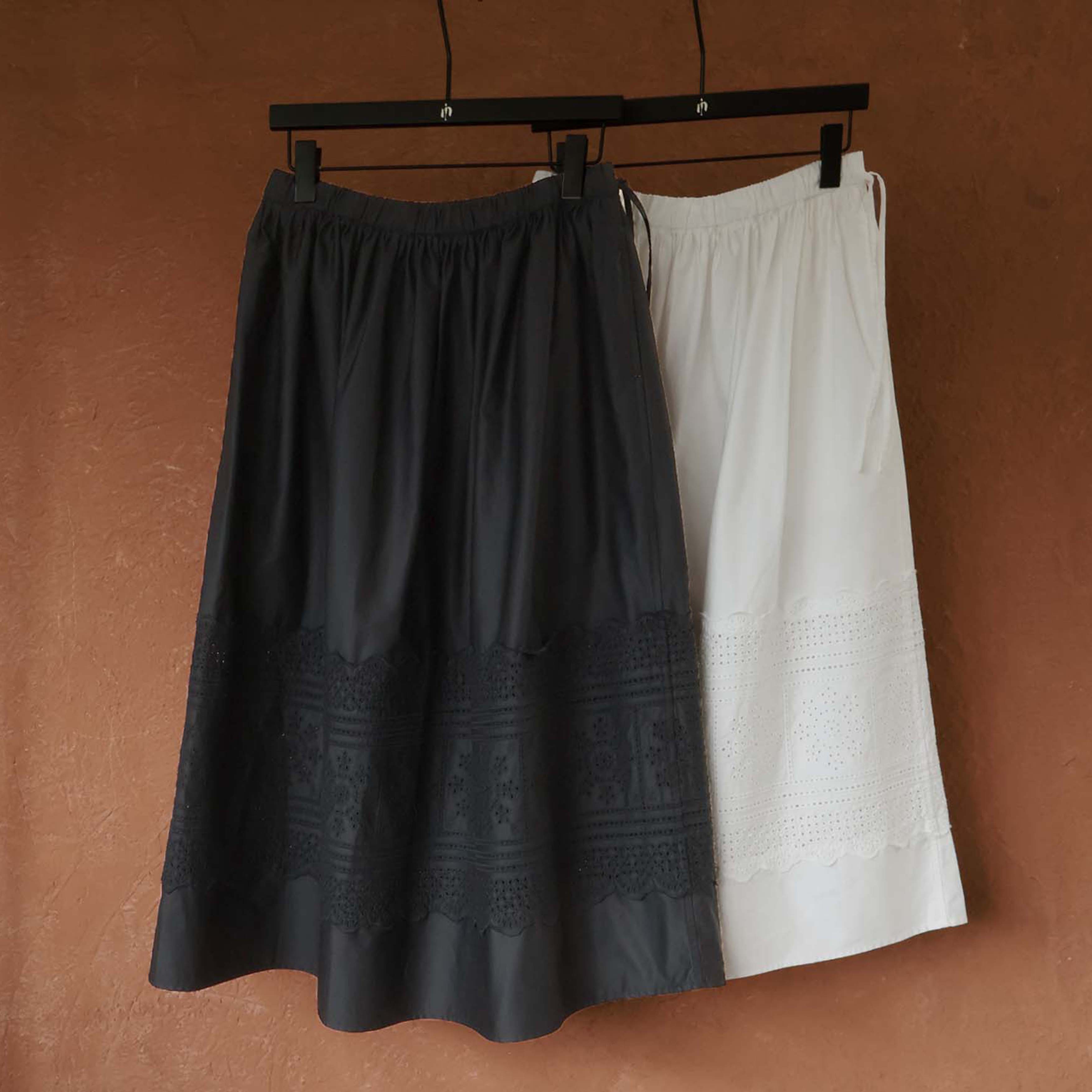 IMMUNO壹糯 4五R日单水溶刺绣拼接松紧腰系带大摆挺括匹马棉半裙