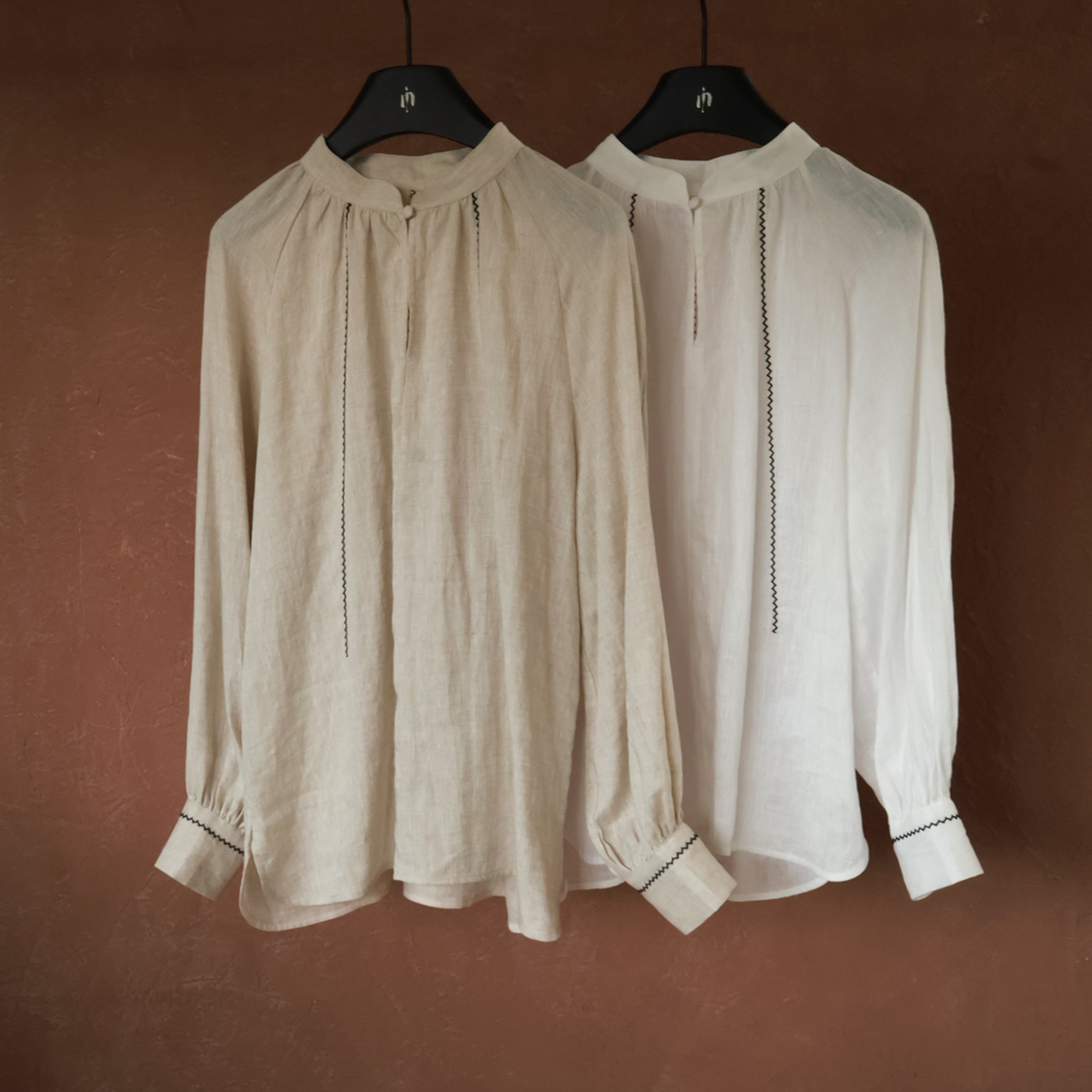 IMMUNO壹糯 中式圆领开衩max*m立体刺绣线条亚麻长袖春夏法式衬衫