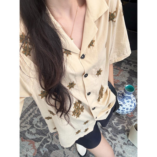 IMMUNO壹糯 复古港味翻领六芒星刺绣单排扣宽松百搭短袖纯棉衬衫