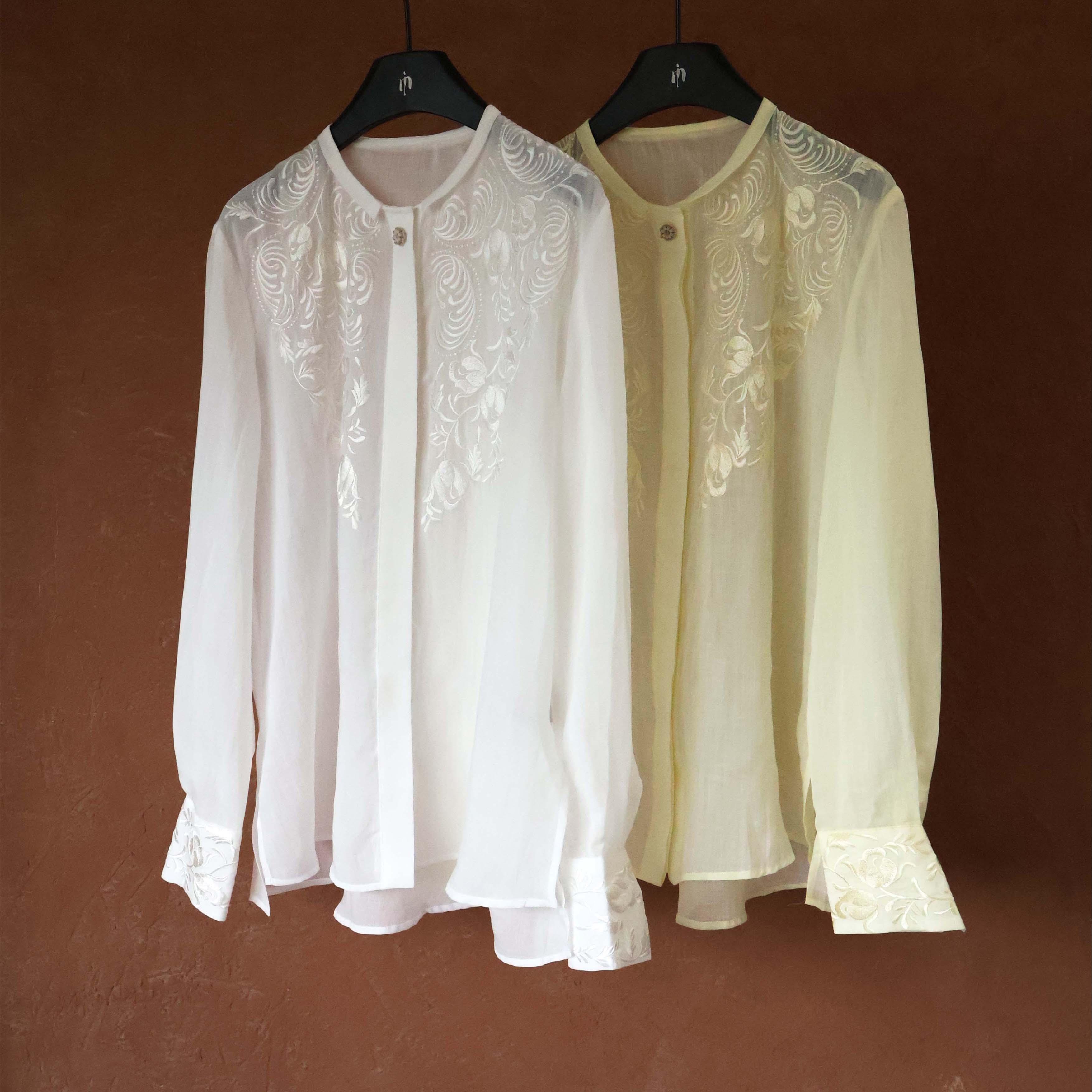 IMMUNO壹糯 2025早春中式国风重工花卉刺绣翻折立领苎麻衬衫上衣