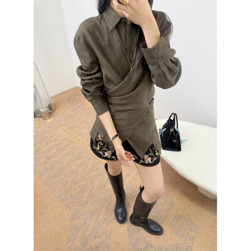 IMMUNO壹糯 法式复古翻领单排扣松弛感交叉细带收腰纯色苎麻衬衫