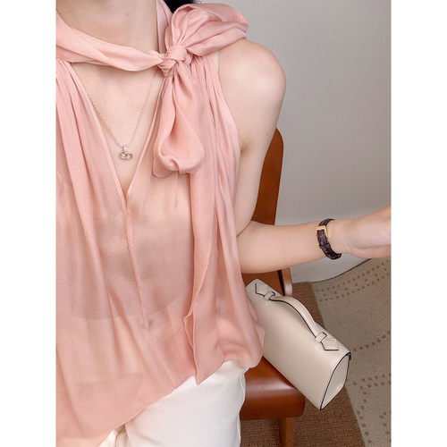 IMMUNO壹糯 粉色桑蚕丝温柔优雅飘带正反两穿纯真丝无袖上衣