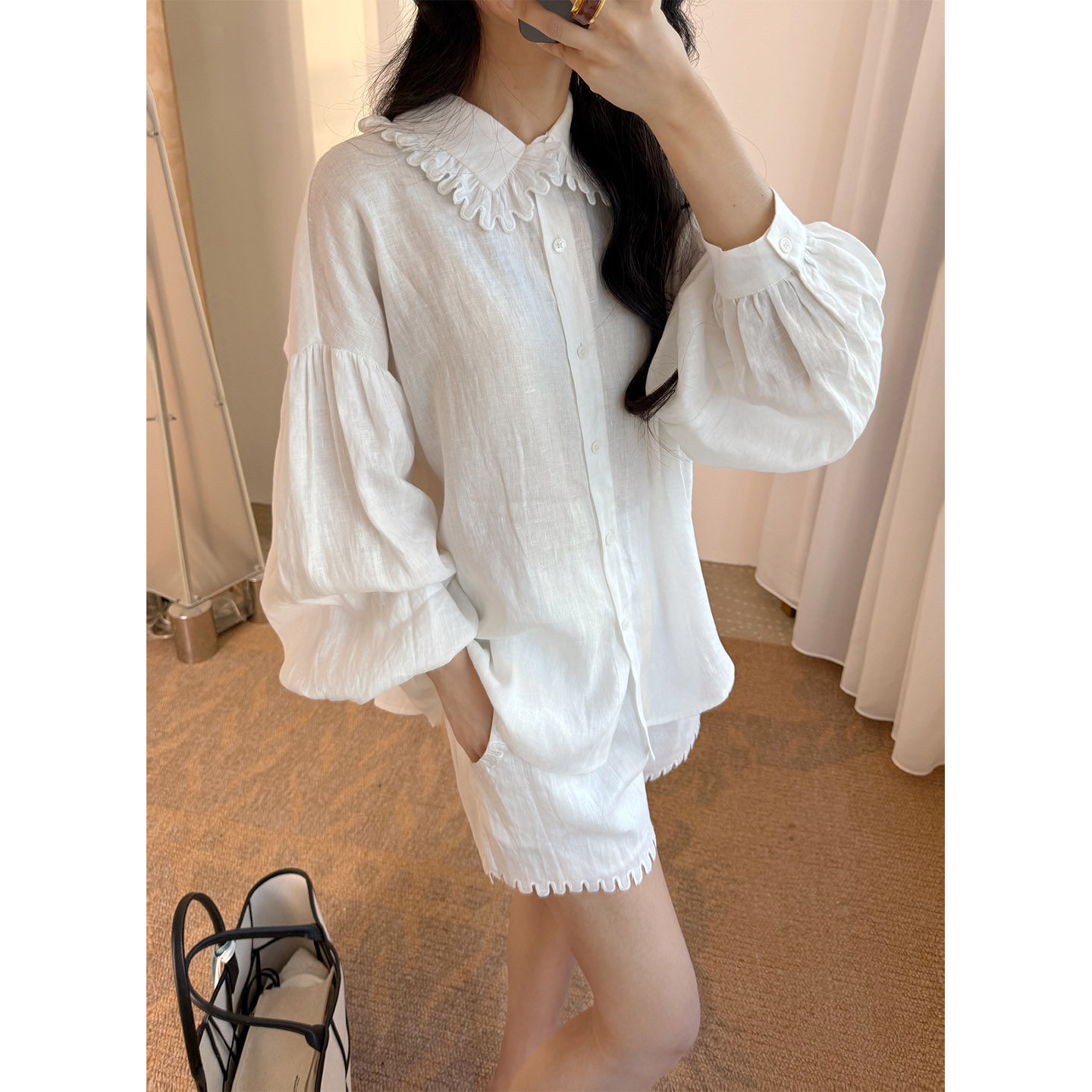 IMMUNO壹糯 日系文艺风花边翻领灯笼袖衬衫花边腰亚麻短裤套装