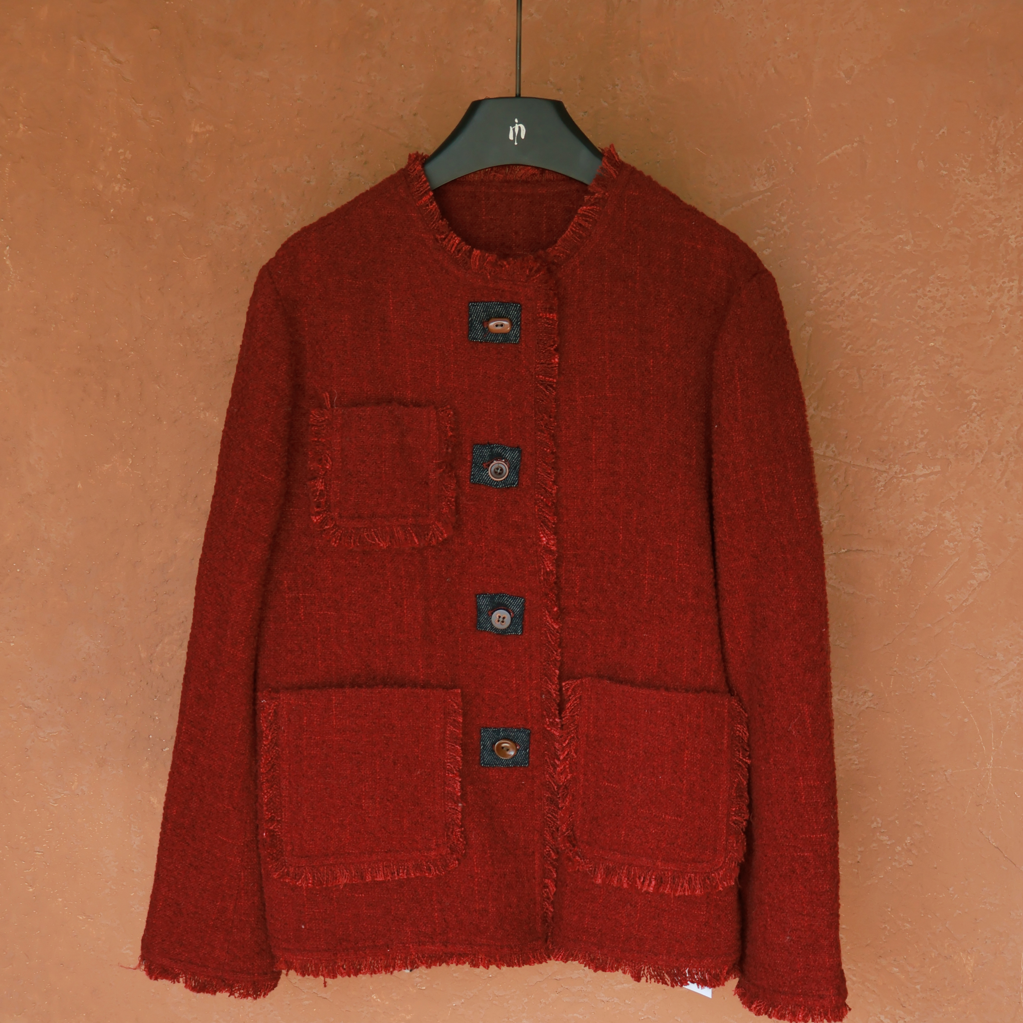 IMMUNO壹糯 2025新款小香风时尚锈色罗曼史粗花呢红色羊毛女外套