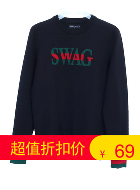 拉夏PT系专柜撤柜男装冬高档字母提花丝光舒滑圆领毛衣2A2719黑色