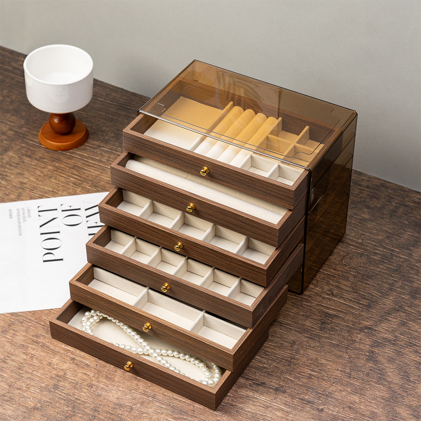 胡桃木纹首饰盒六层分层分区