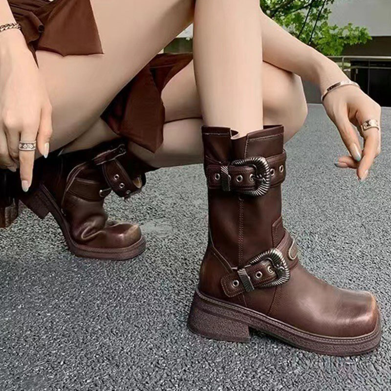 RICKYNEE新款复古皮带扣骑士靴