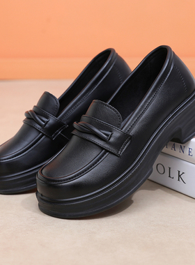 黑色小皮鞋女肯德基工作乐福鞋防滑软底职业上班英伦厚底4cm单鞋