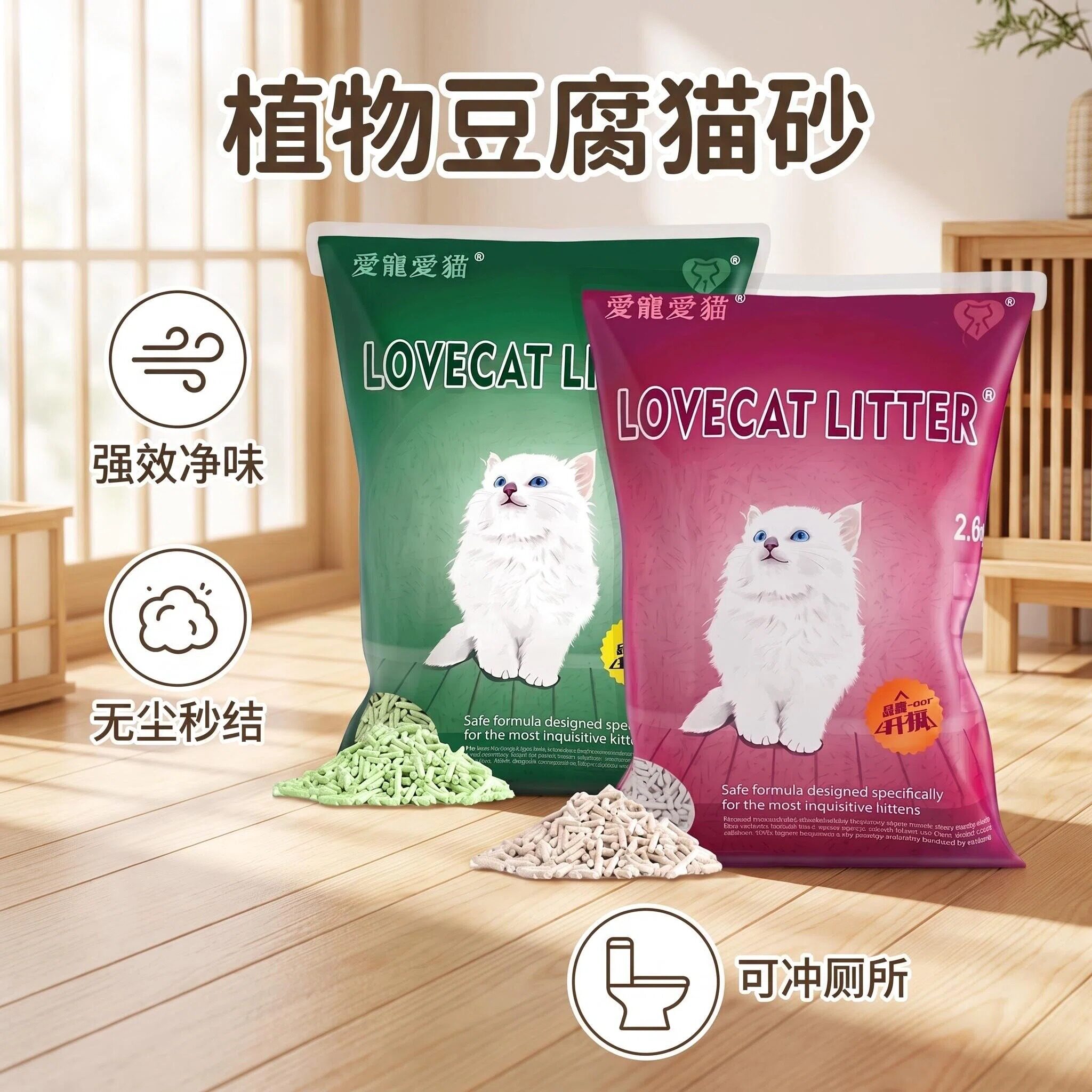 爱宠爱猫豆腐猫砂青竹绿茶love cat猫砂混合宠物用品6L*6销量正品