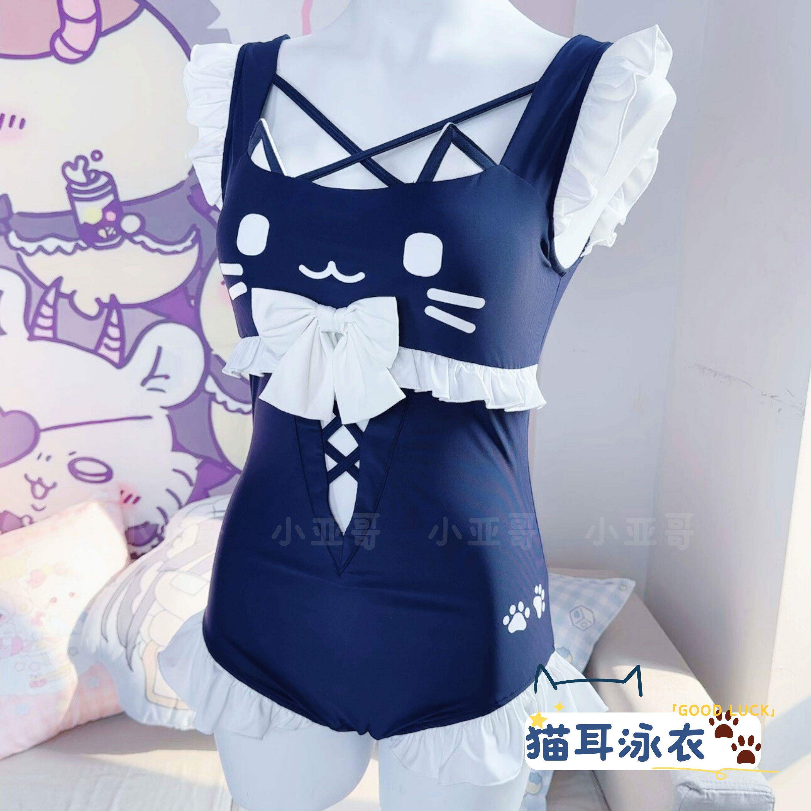 小亚哥 原创花边蝴蝶结 猫猫领口连体泳衣可爱少女甜美荷叶边8148