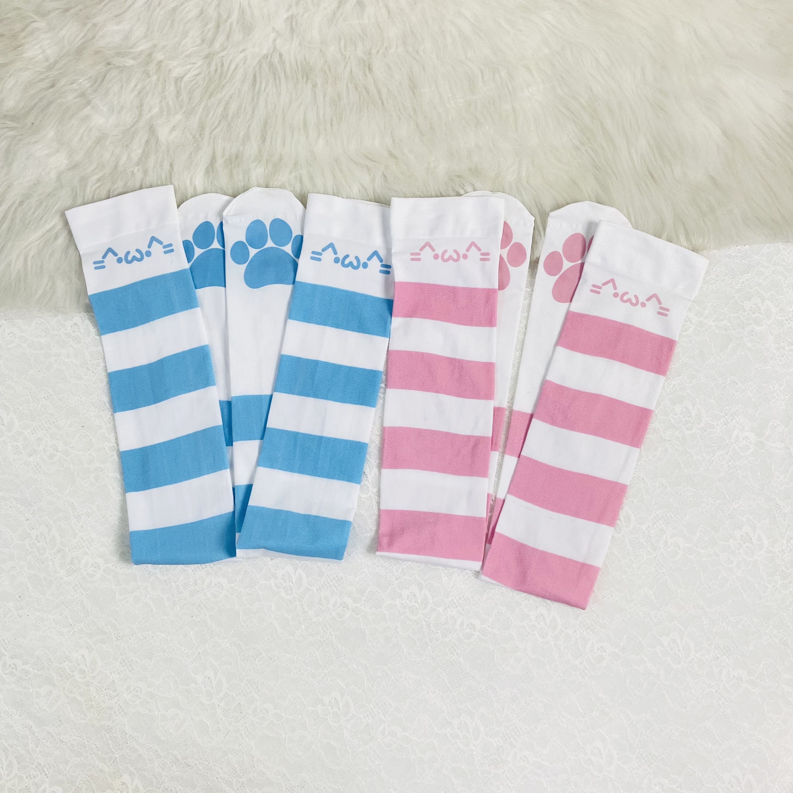 原创粉白蓝白条纹猫爪大腿袜