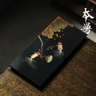 饰茶台 本曼莲鉴游鳞大漆手绘金鱼茶盘干泡台髹漆全手工家用空间装