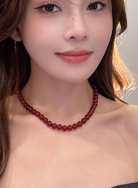 新中式红色天然玛瑙串珠项链