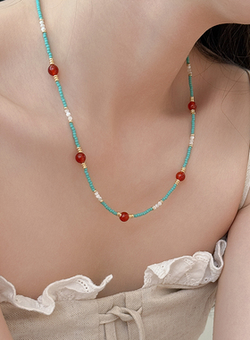 百搭复古绿松石串珠红玛瑙项链