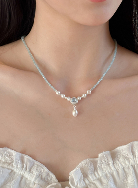 海蓝宝吊坠淡水珍珠天然石项链