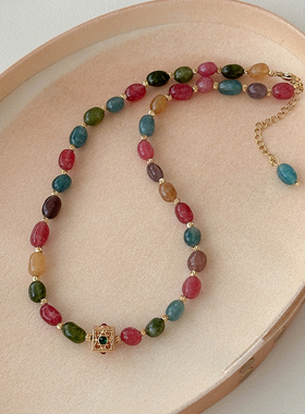 百搭彩色天然石多巴胺串珠项链
