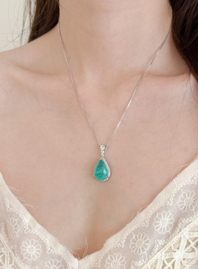 锆石水滴超显白蓝色宝石吊坠项链