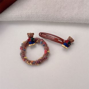 新款咖色背包小熊发圈头绳高级感BB夹韩系少女可爱橡皮筋发绳发饰