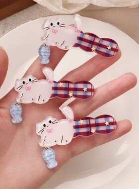 红蓝格纹可爱小猫钓鱼发夹少女