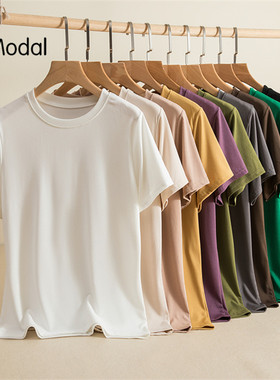 螺纹T恤女夏外穿莫代尔圆领短袖上衣百搭修身内搭白色打底衫薄款
