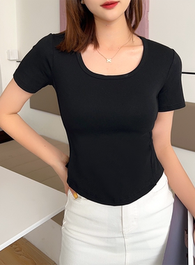 纯棉U领短袖T恤女夏短款薄款圆领内搭上衣大码修身显瘦白色打底衫