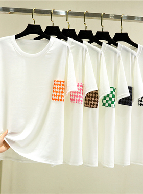 莫代尔纯色T恤女夏薄款白色外穿圆领短袖内搭打底衫百搭口袋上衣