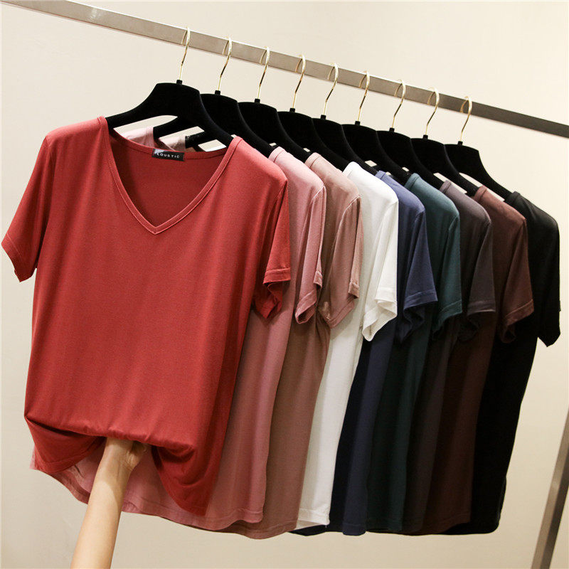 外穿夏新款纯色v领短袖T恤女大码宽松莫代尔打底衫休闲百搭上衣