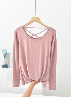 春夏莫代尔长袖t恤女交叉露背大码显瘦薄款内搭棉质修身白色上衣