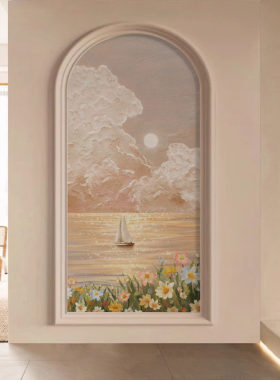 法式奶油风弧形玄关壁布美容院壁画竖版装饰画壁纸新款拱形墙布画