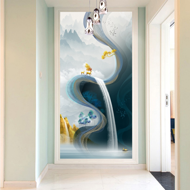 现代简约流水生财玄关艺术山水麋鹿背景墙壁纸装饰画走廊过道壁画