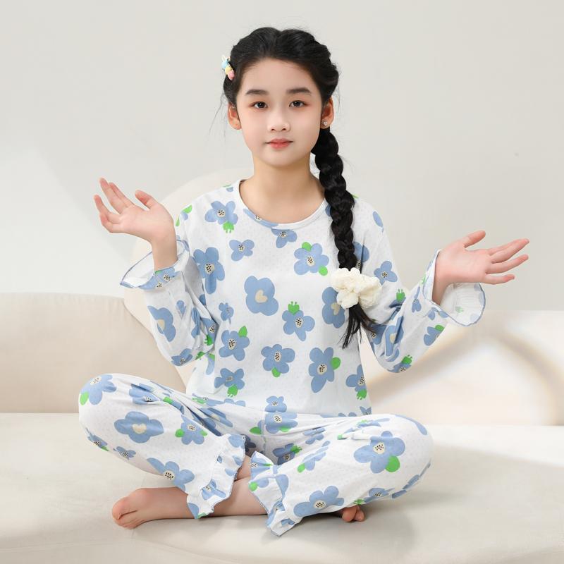 女童睡衣全棉春夏长袖长裤儿童空调服中大童纯棉薄款初中生家居服