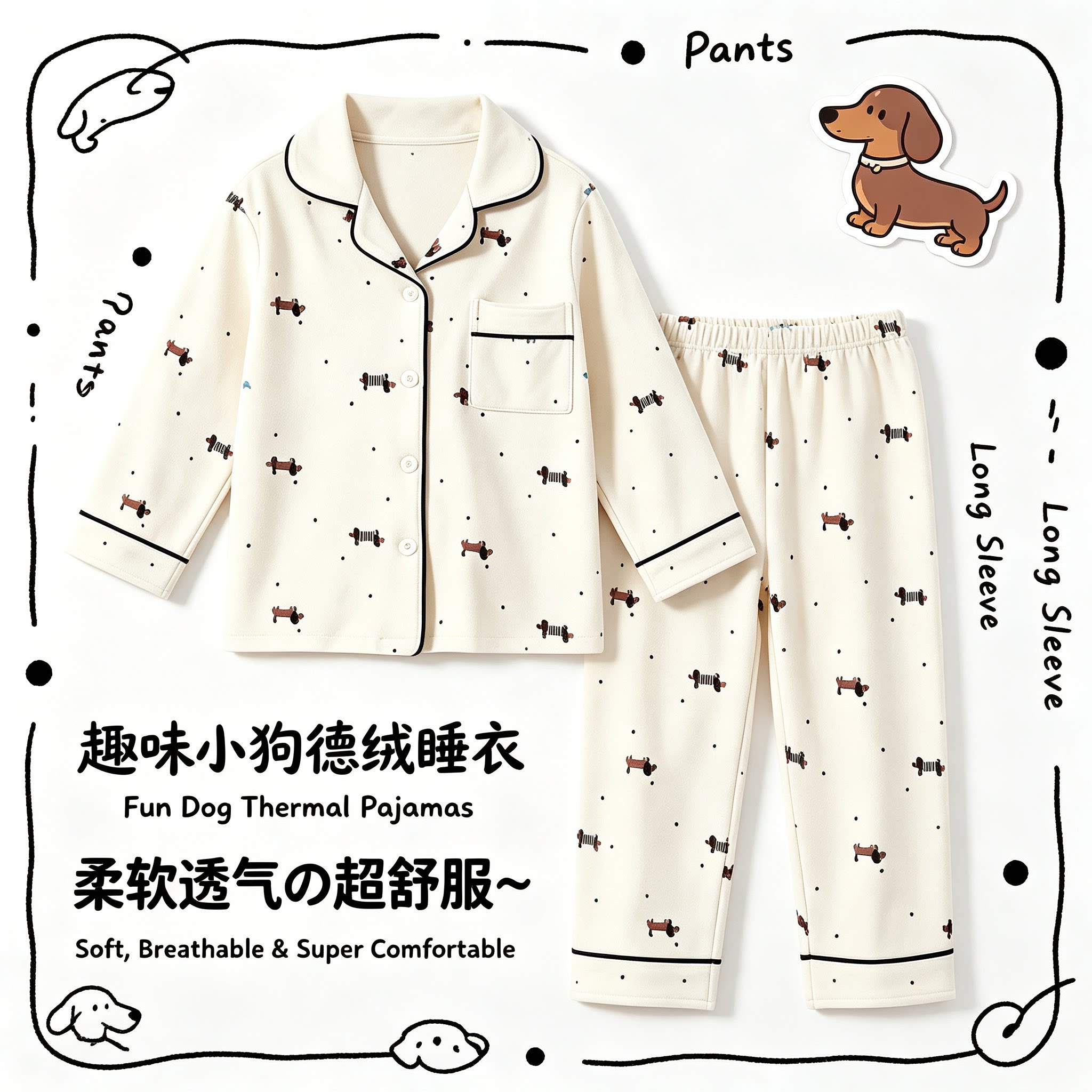 秋冬季腊肠狗爆款女童德绒睡衣儿童家居服秋衣秋裤睡衣套装中大童