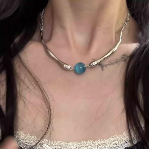 简约新小众设计项链女朋克机械风气质项圈蓝色猫眼石项链个性百搭