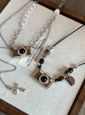 美拉德复古棕色相机项链女长款流苏百搭独特个性高级感毛衣链配饰