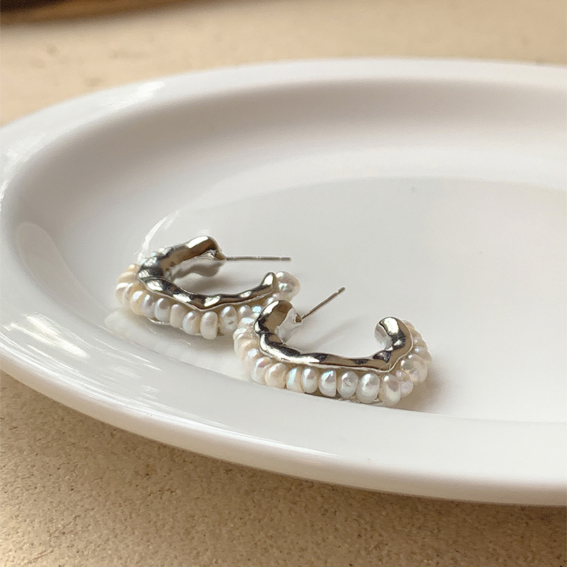 不规则金属+天然珍珠耳环