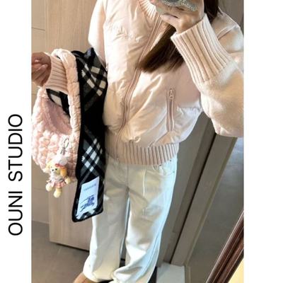 超好看粉色针织拼接羽绒服女款2025新款短款修身冬季小个子外套潮